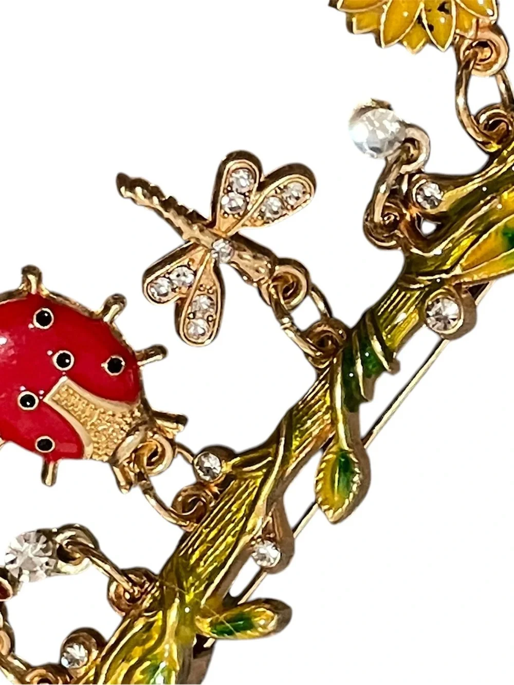 Gold-tone Enamel Garden Charm Brooch with Red Ladybug and Floral Charms